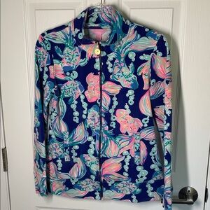 Lilly Pulitzer zip front jersey jacket navy blue with colorful print size small